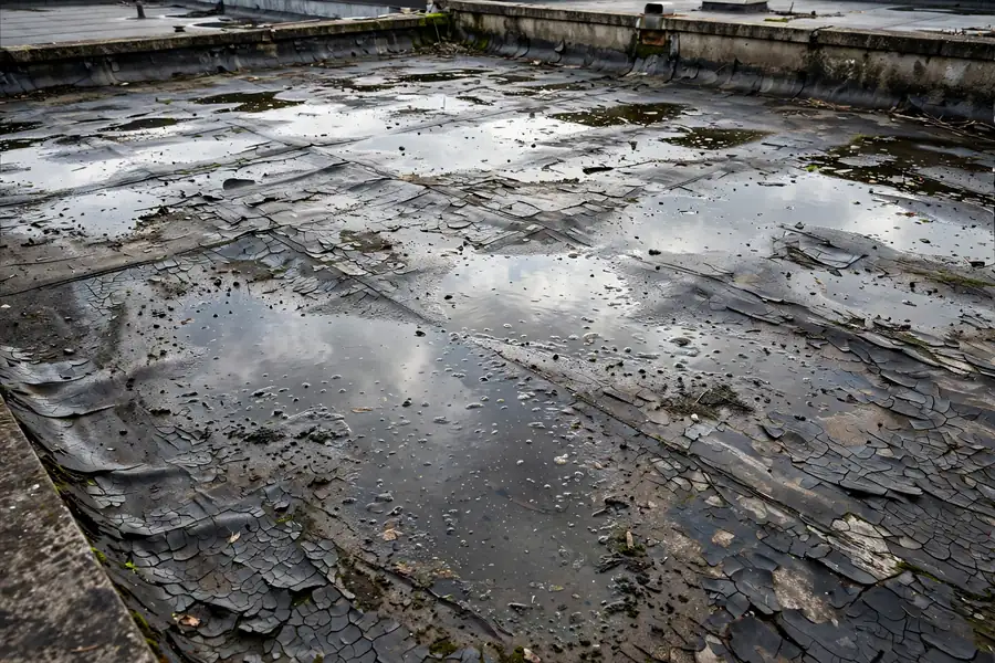 Commercial flat roof with ponding water and cracked membrane before repair