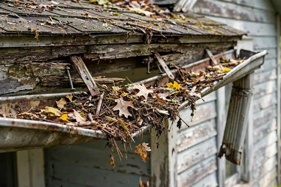 Sagging old gutters pulling away from fascia before replacement