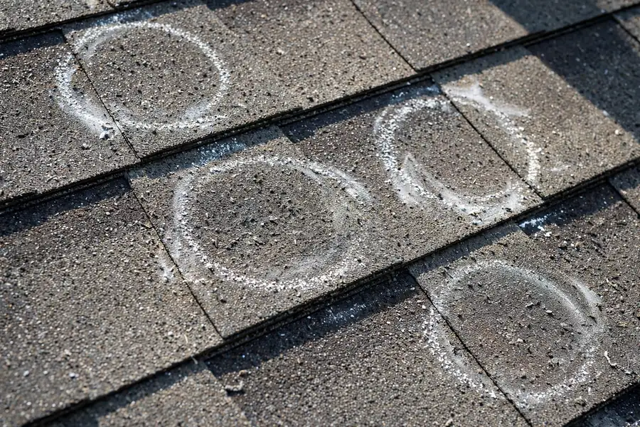 Roof with fresh inspection markings showing checked areas
