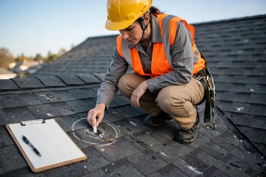 Roof inspector marking hail damage with chalk during inspection
