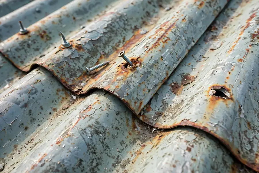 Weathered metal roof with rust spots and loose fasteners before repair