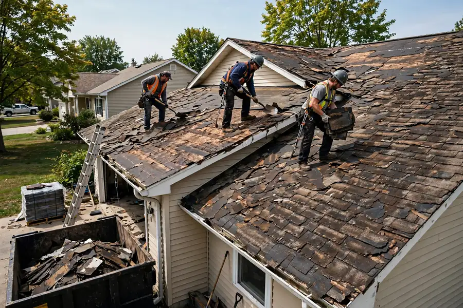 Worn, leak-prone asphalt shingle roof before replacement
