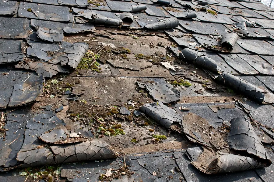 Asphalt shingle roof with cracked and wind-lifted shingles before repair