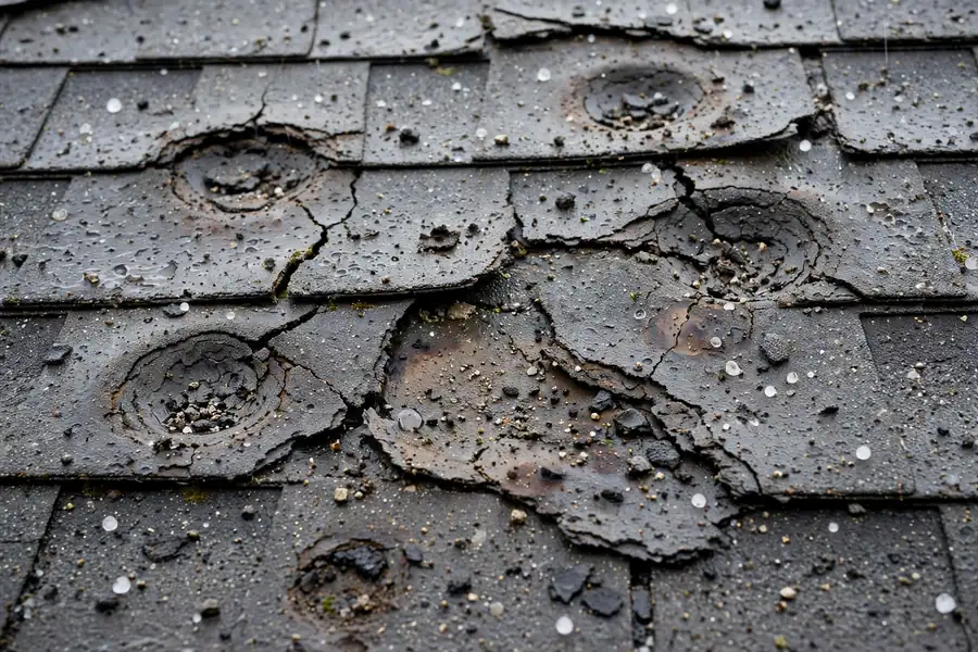 Storm-damaged roof with torn and hail-bruised asphalt shingles