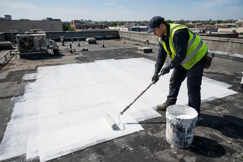 Roofer rolling reflective coating on a commercial flat roof in Channelview, TX
