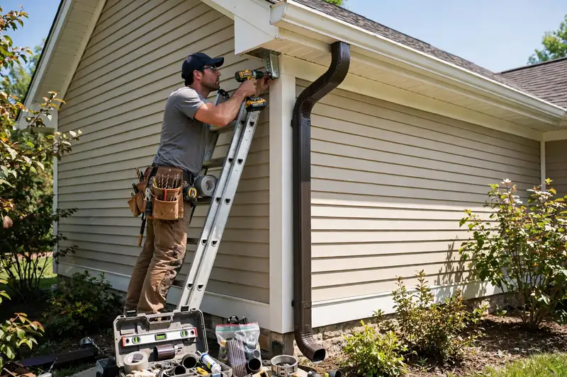 Worker installing a new downspout in Channelview, TX