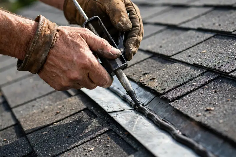 Roofer applying sealant to roof valley flashing during a leak repair in Channelview, TX