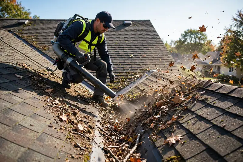 Roofer clearing debris from a roof valley during maintenance in Channelview, TX