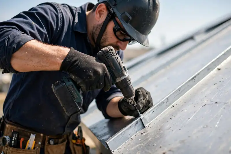Roofer securing a standing-seam metal roof panel in Channelview, TX
