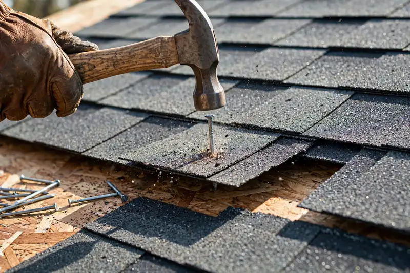 Close-up of new architectural shingles being nailed in Channelview, TX