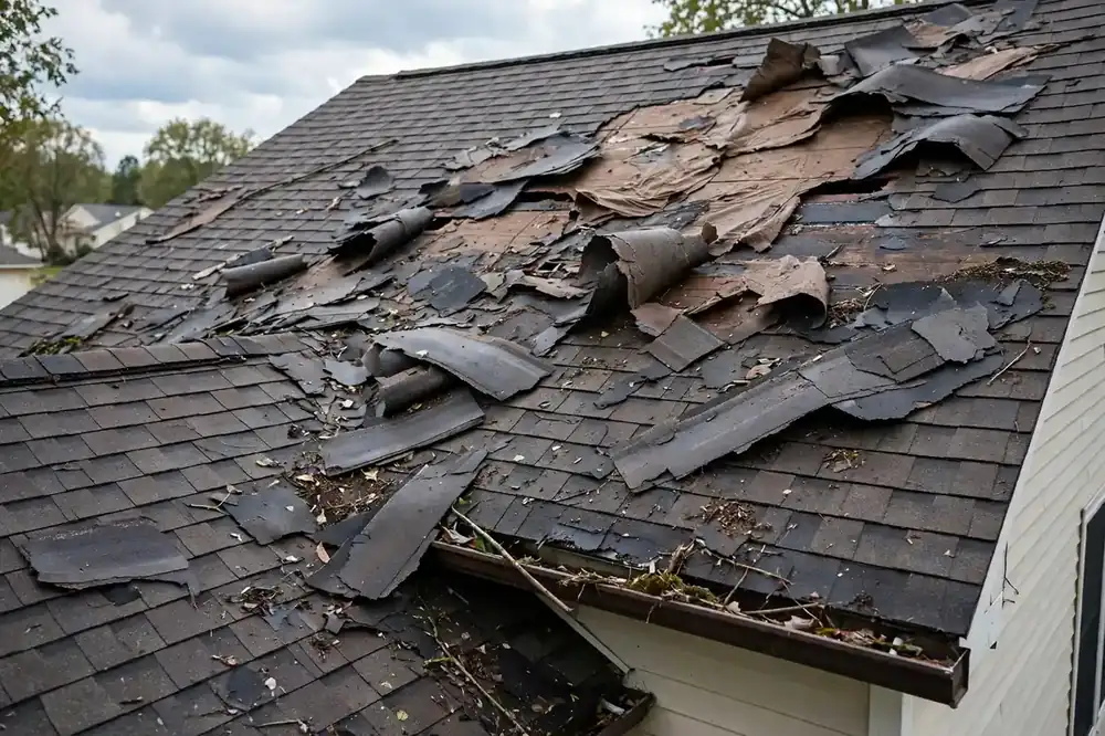 Storm-damaged roof with torn and missing asphalt shingles